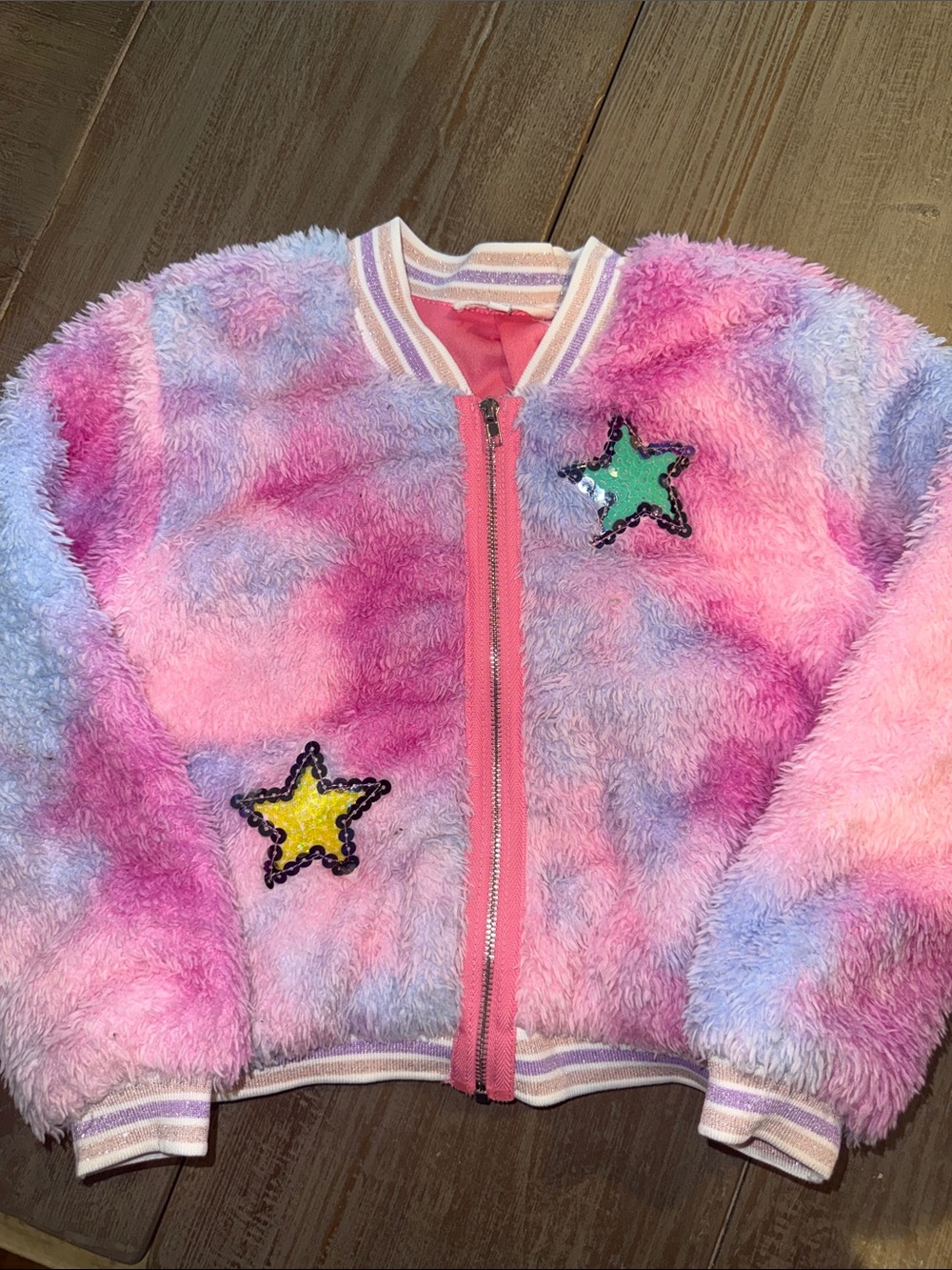 Girls' Pink Multicolor Plush Star Bomber Jacket